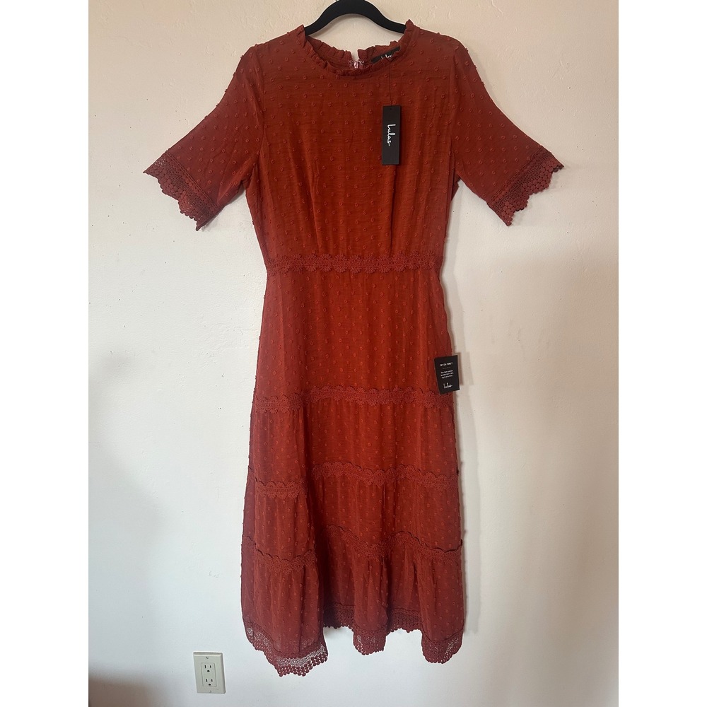 Lulus Rust Orange Swiss Dot Crochet Lace Tiered Midi Dress Short Sleeve NWT